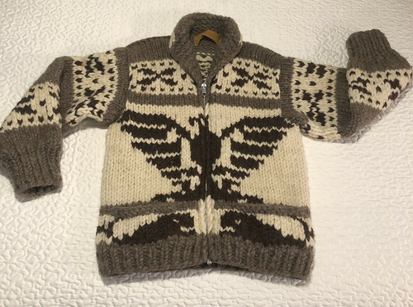 Vtg Cowichan Native Indian Tribe Wool Cardigan Hand-knit Thunderbirds Whales Zip