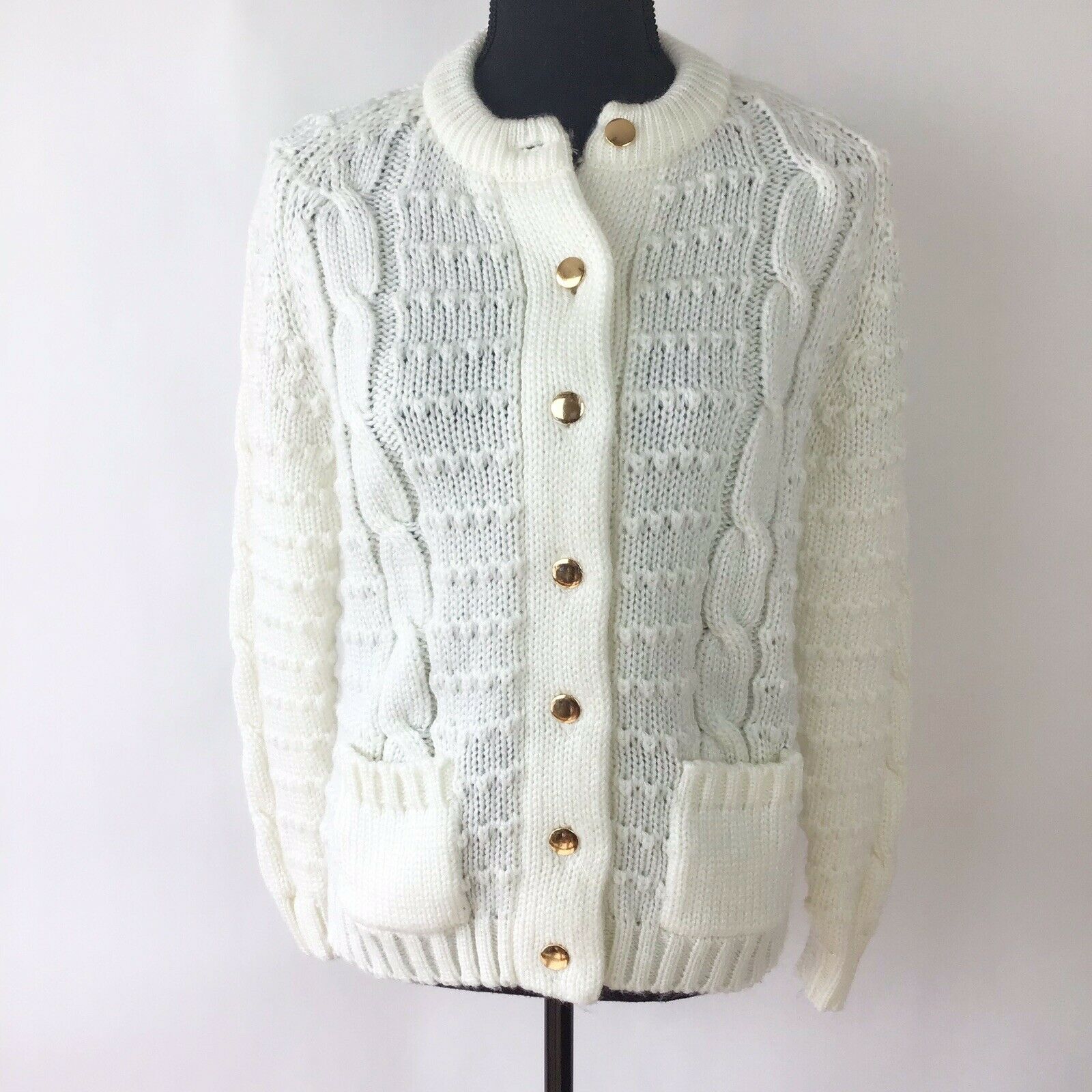 Vintage 60s 70s Womens Cable Knit Acrylic Sweater Cardigan Small Capsule Wardrob