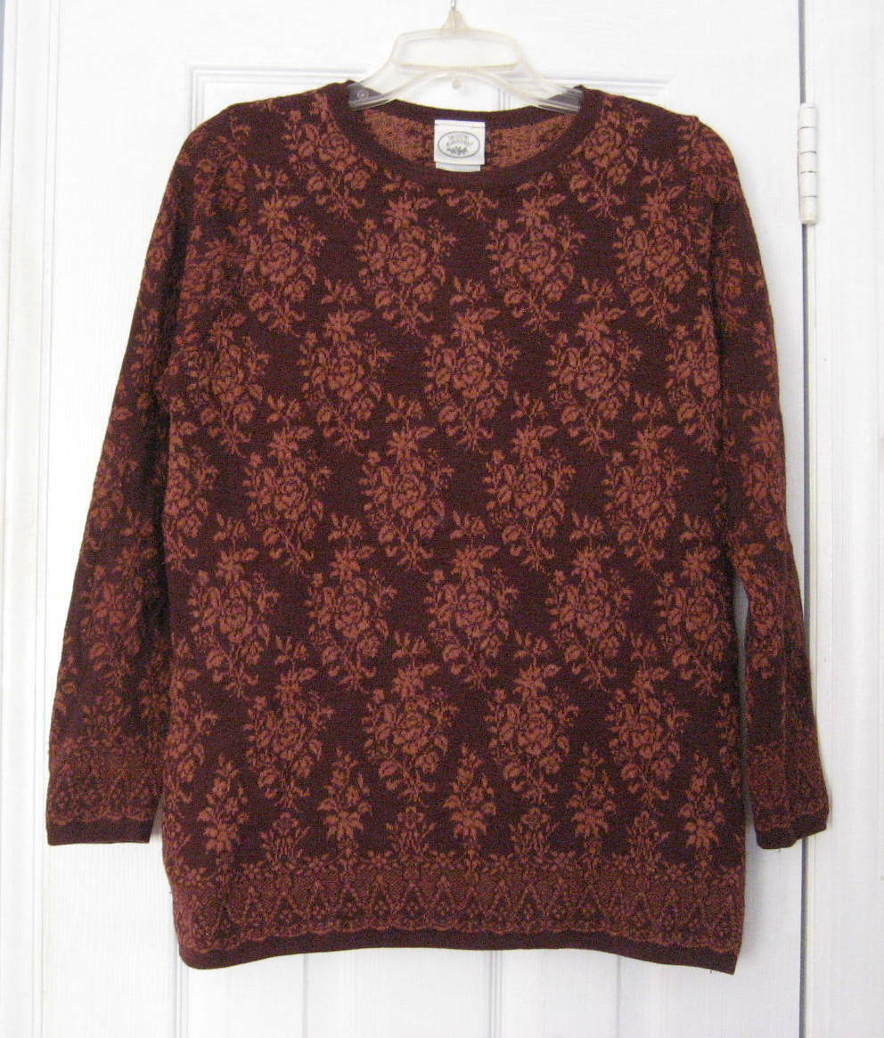 1990s Laura Ashley Maroon Wine Burgundy Orange Floral Wool Blend Sweater Sz M-l