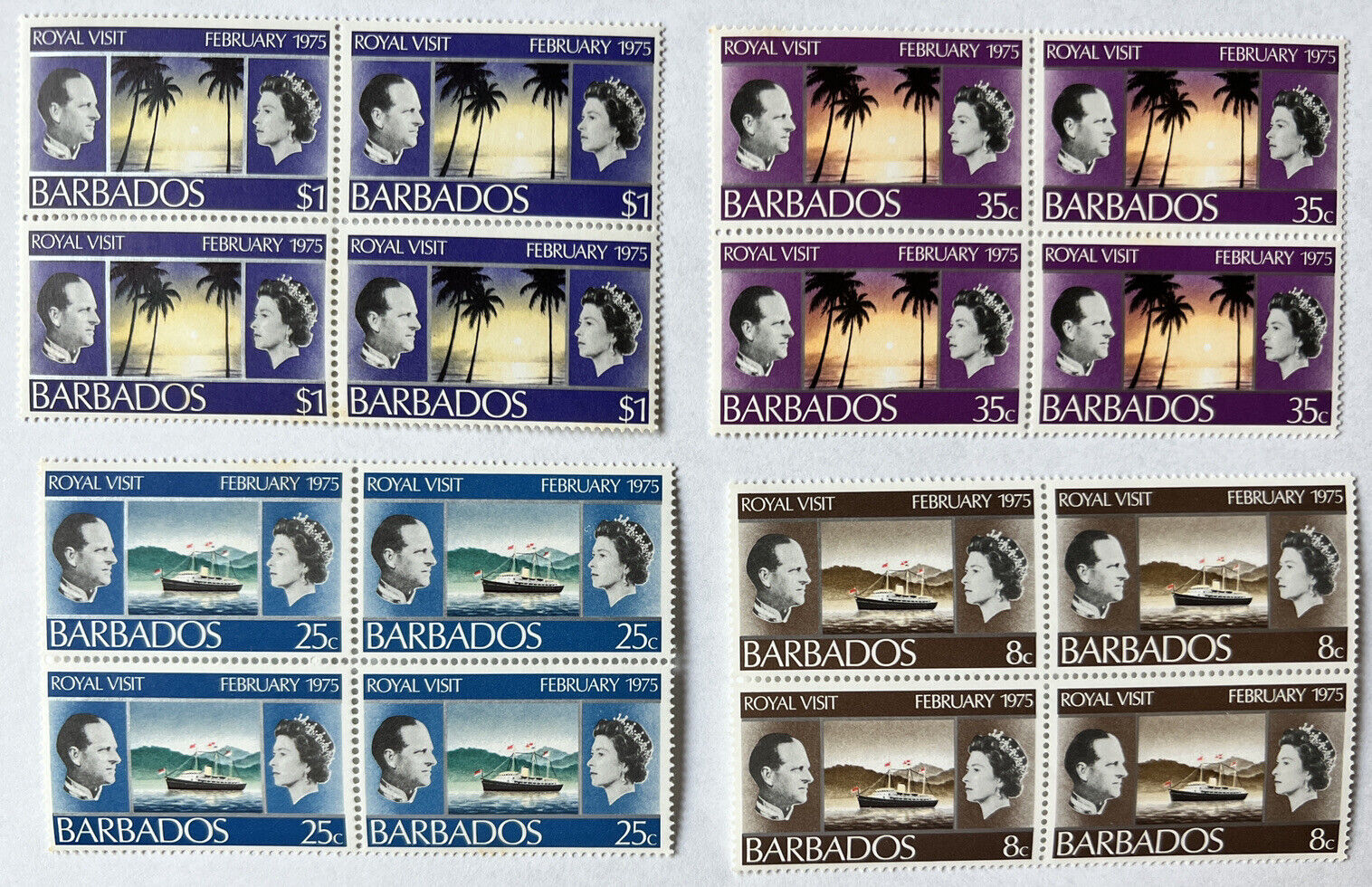 1975 Barbados Queen Elizabeth Ii Royal Visit Lot Of Four Mint Stamps Blocks