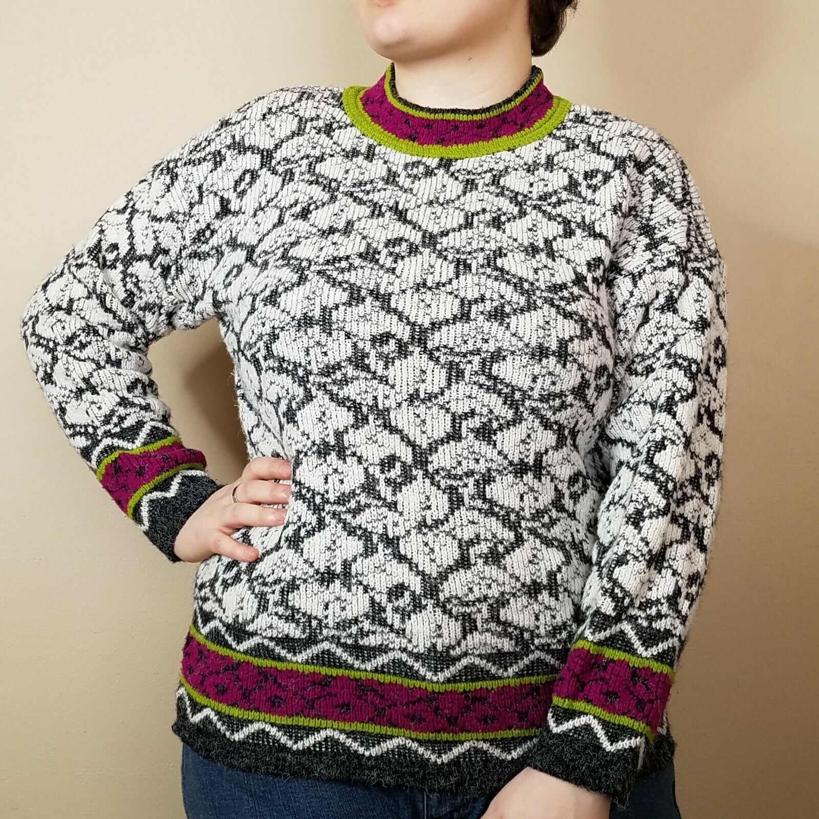 Vintage Arielle Sweater Womens Size Large Icelandic Multi Print Grandpacore 80's