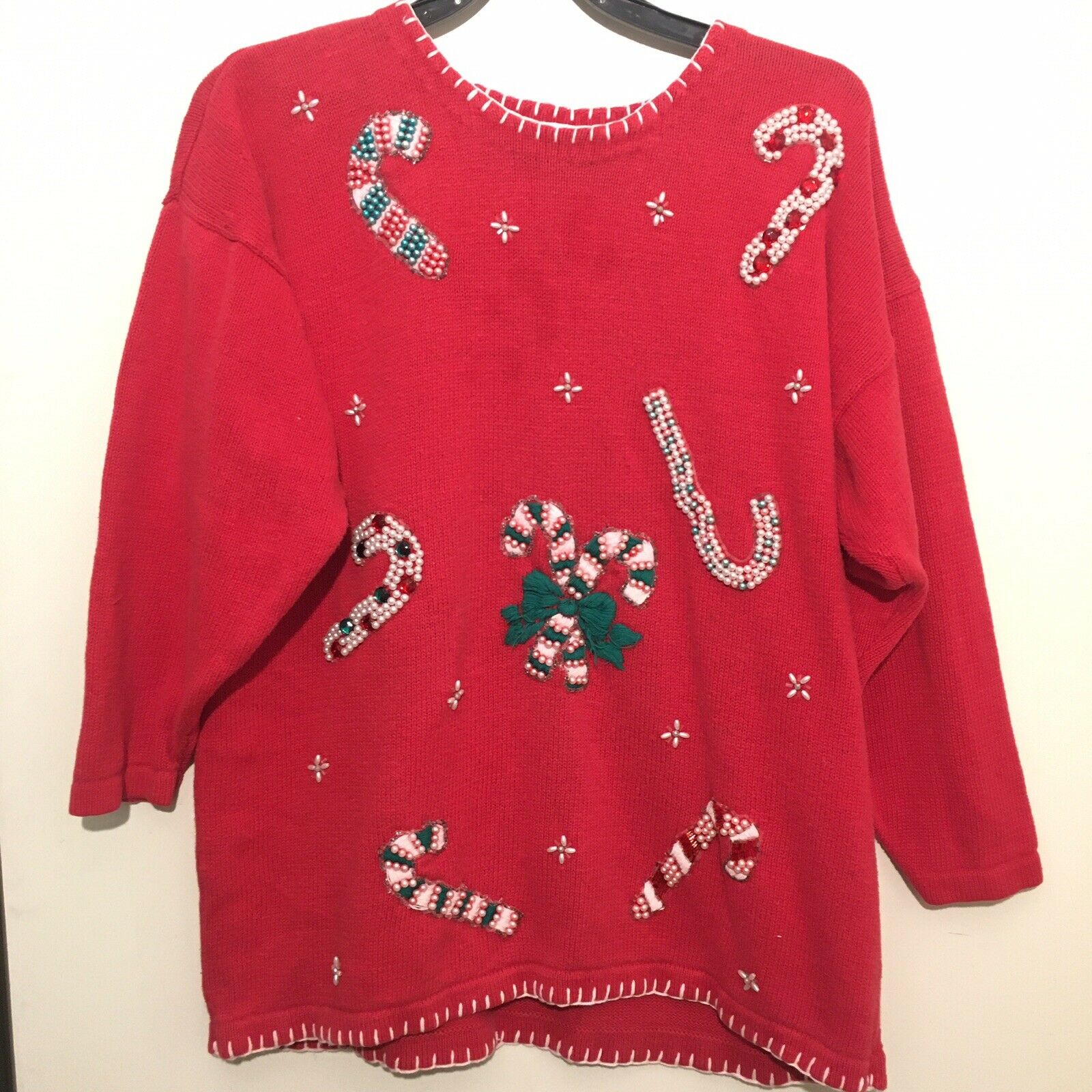Victoria Jones Women's Size Xl Xxl Red Christmas Sweater Beaded Candy Cane
