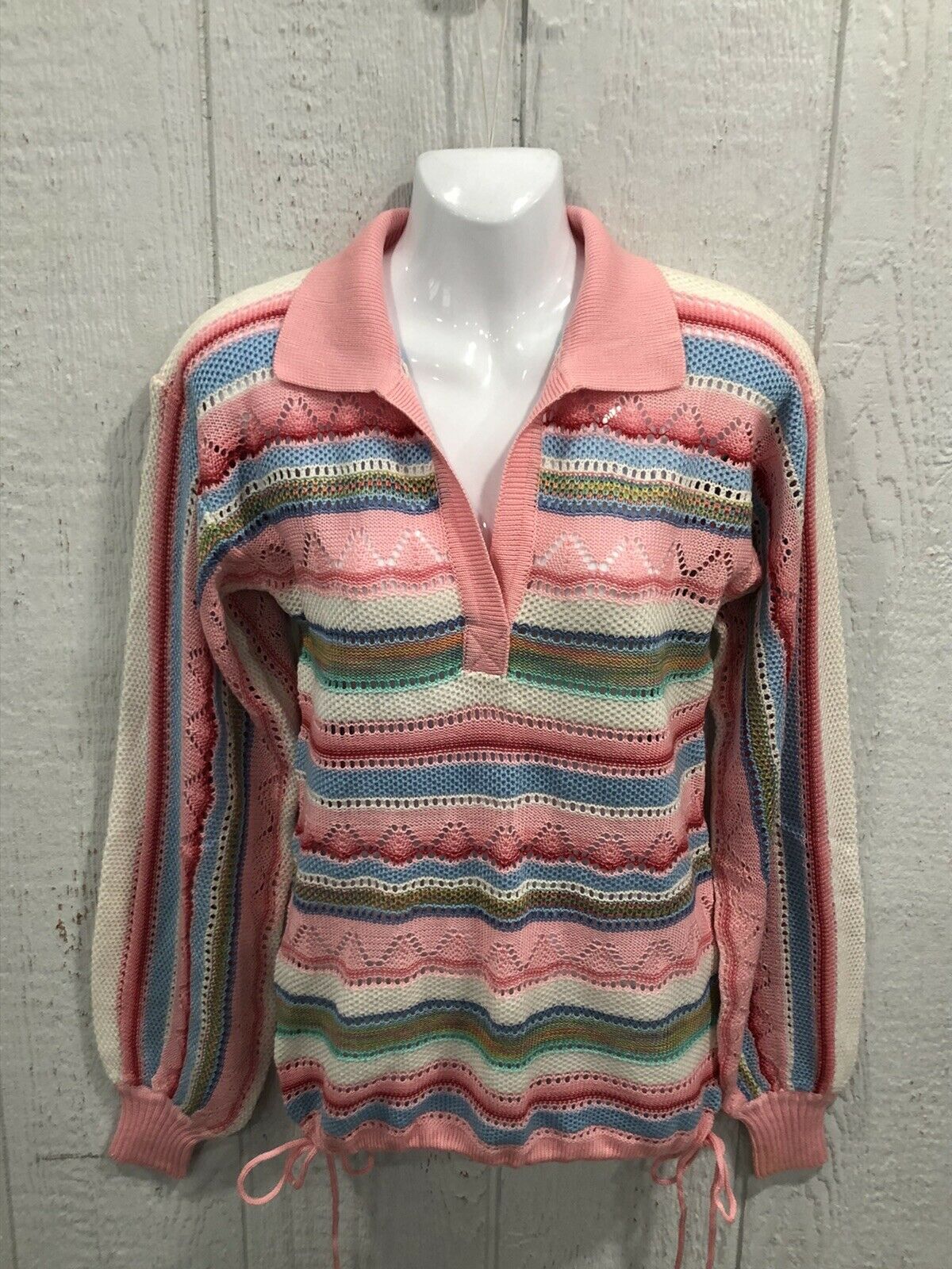 Vtg 70s Vicki Volts Textured Drawstring Waist Knit Sweater Medium. Pink Multi
