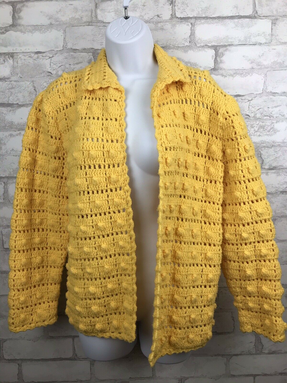 Vintage 70s Bright Yellow Hand Knit Afghan Granny Poms Sweater Cardigan Sz S-m