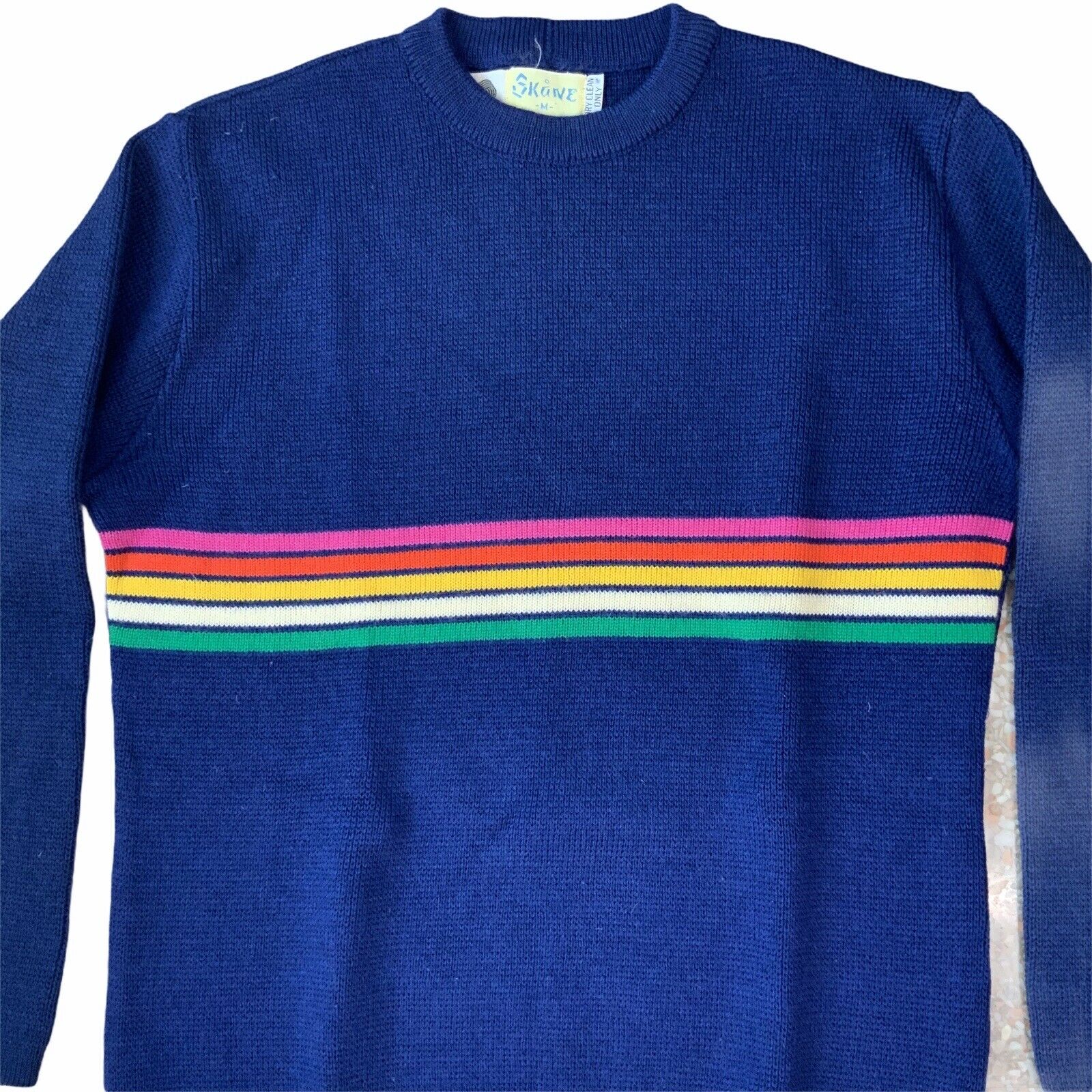Vintage Skane Sweater M Rainbow Stripe Wool Tight Knit Ski Nordic