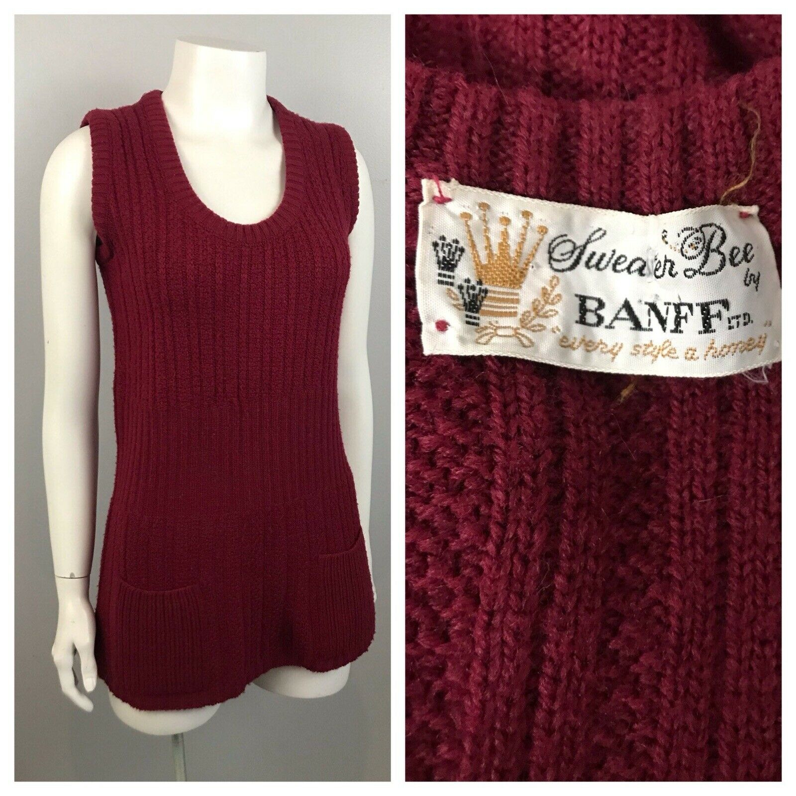 1960s Sweater Vest / Long Burgundy Sleeveless Knit Jumper Top / Medium