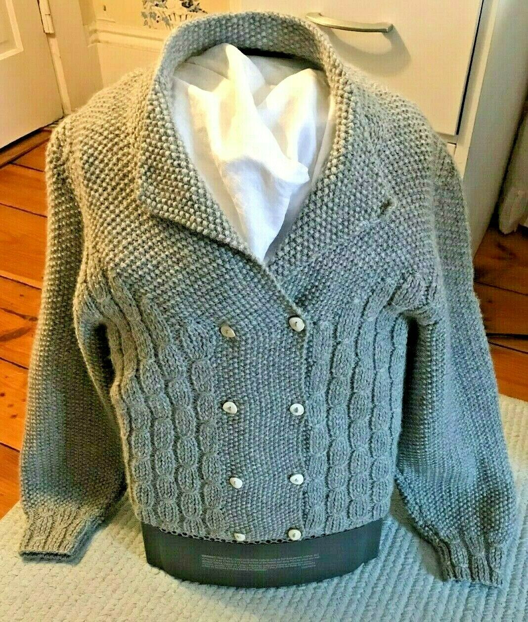 North Of New York Vtg Womens Hand Knit Gray Wool Double-breast Cardigan Sweater