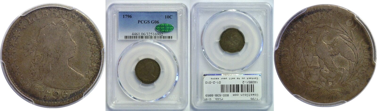 1796 Bust Dime Pcgs G-6 Cac